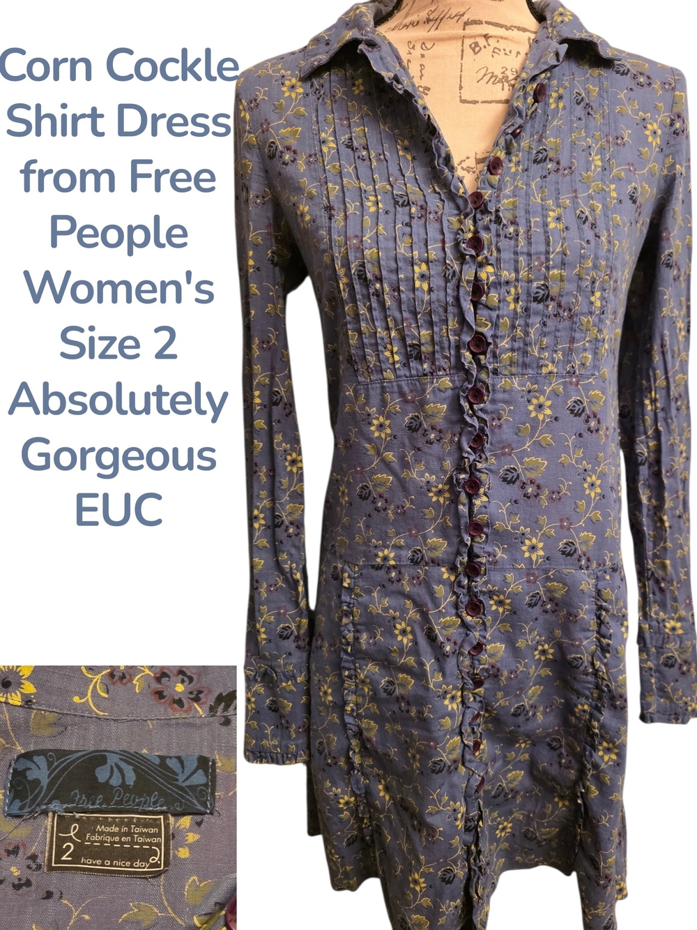 Free People Corn Cockle Floral Shirt Dress - Lavender with Yellow Floral 2 Euc